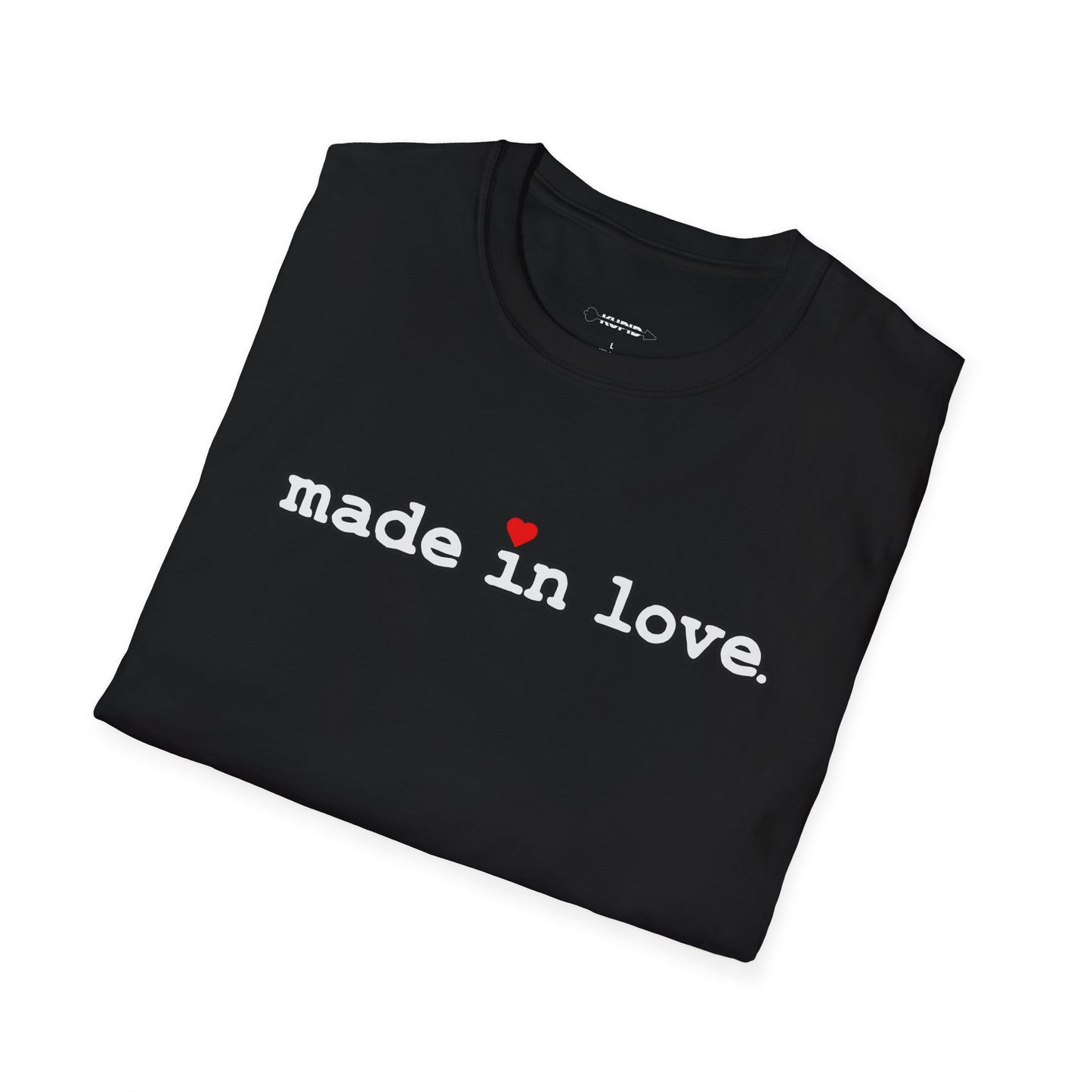 Black t-shirt with 'made in love' text on a white background