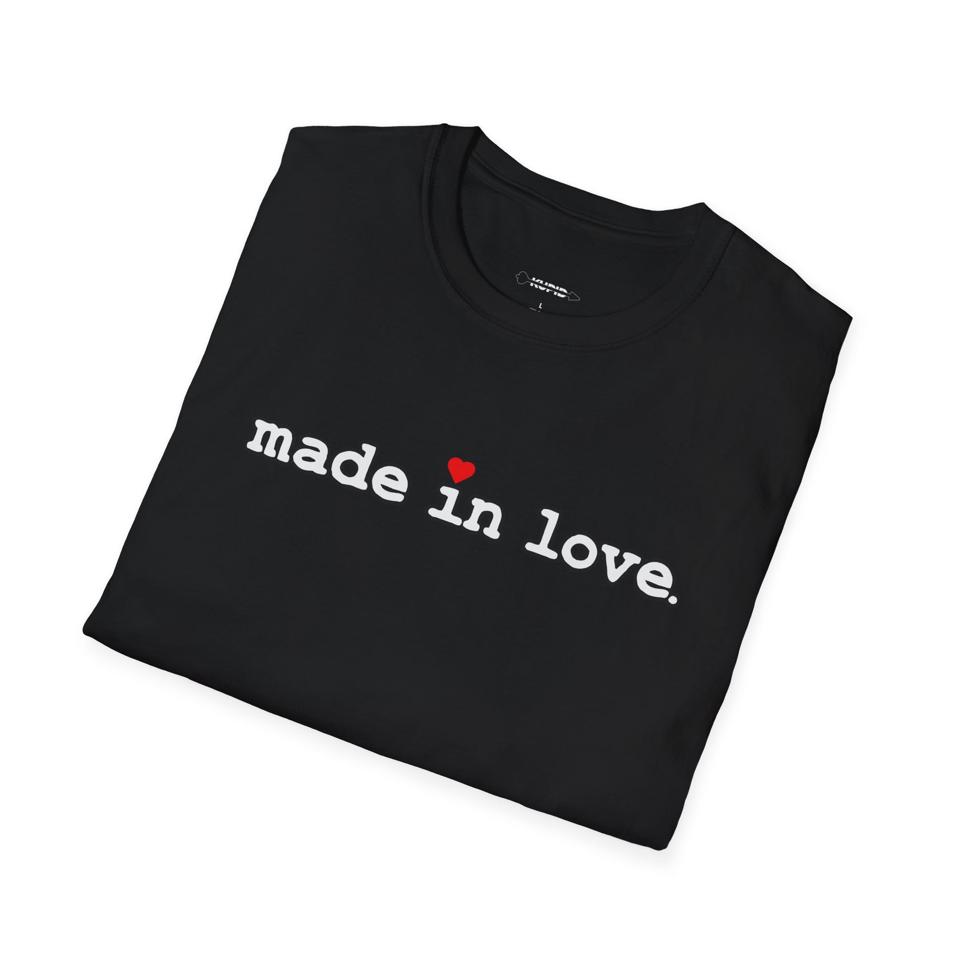 Black t-shirt with 'made in love' text on a white background