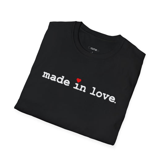 Black t-shirt with 'made in love' text on a white background
