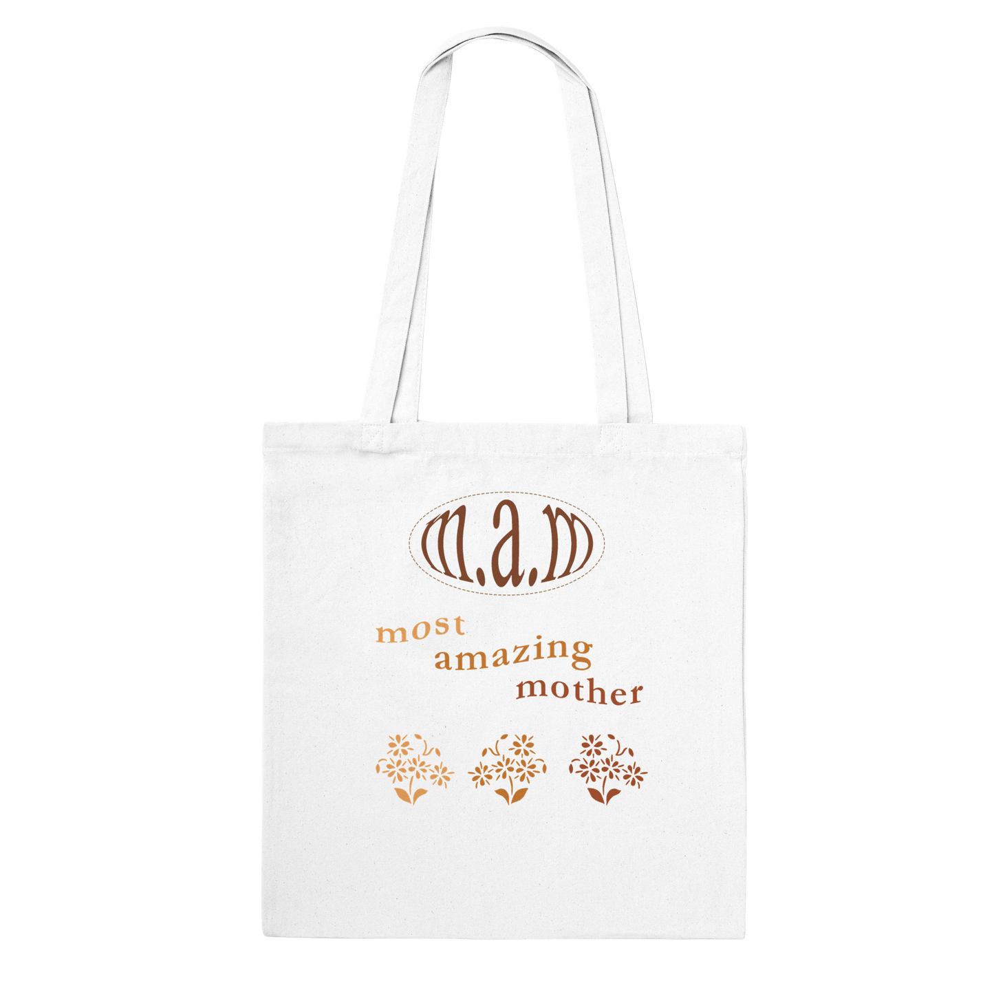 Tote bag that says most amazing mother with plants on it with brown colors, mother's day collection item to celebrate mom with gift for mom