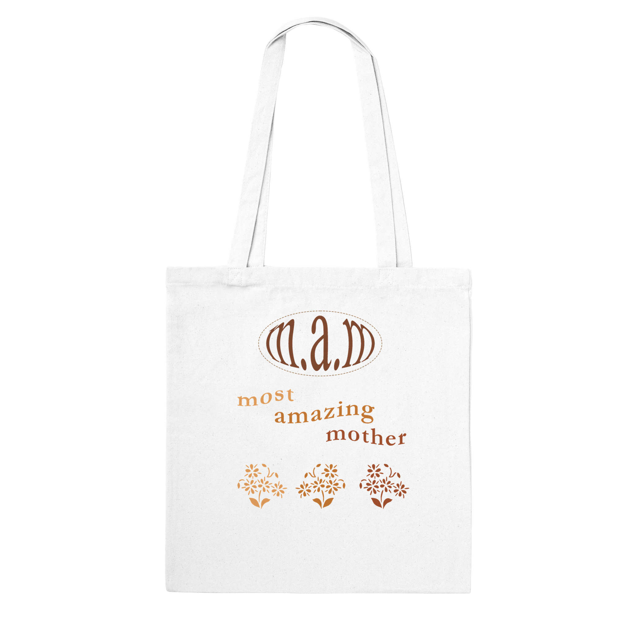 Tote bag that says most amazing mother with plants on it with brown colors, mother's day collection item to celebrate mom with gift for mom