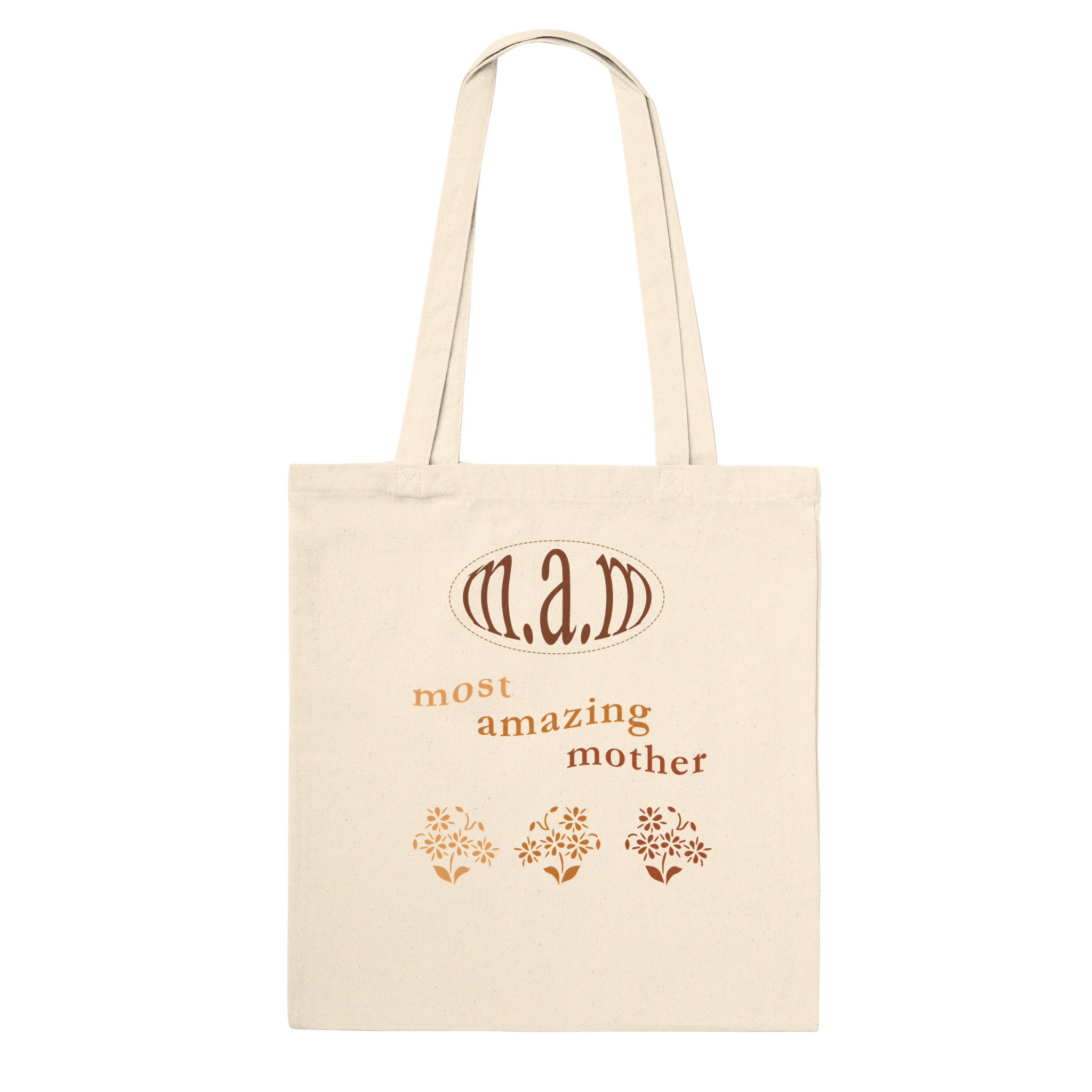 Tote bag that says most amazing mother with plants on it with brown colors, mother's day collection item to celebrate mom with gift for mom
