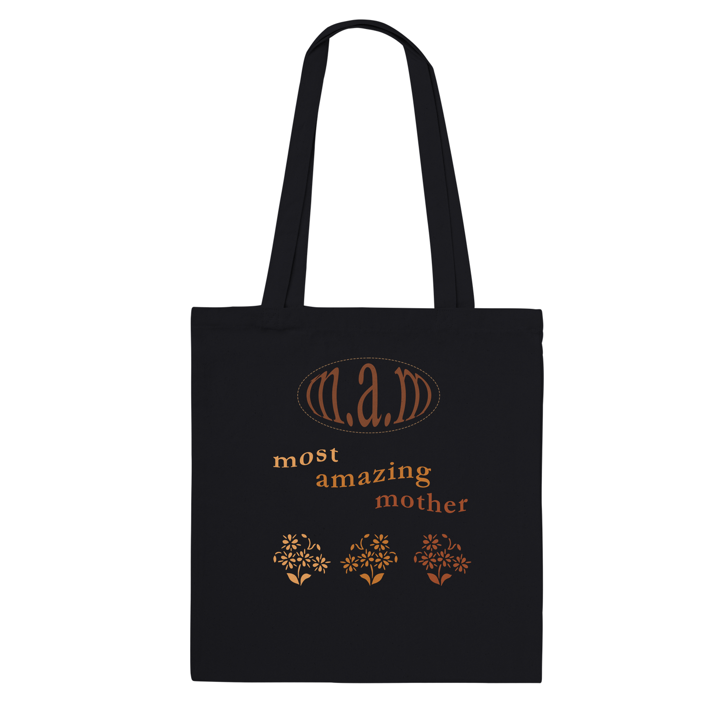 Tote bag that says most amazing mother with plants on it with brown colors, mother's day collection item to celebrate mom with gift for mom
