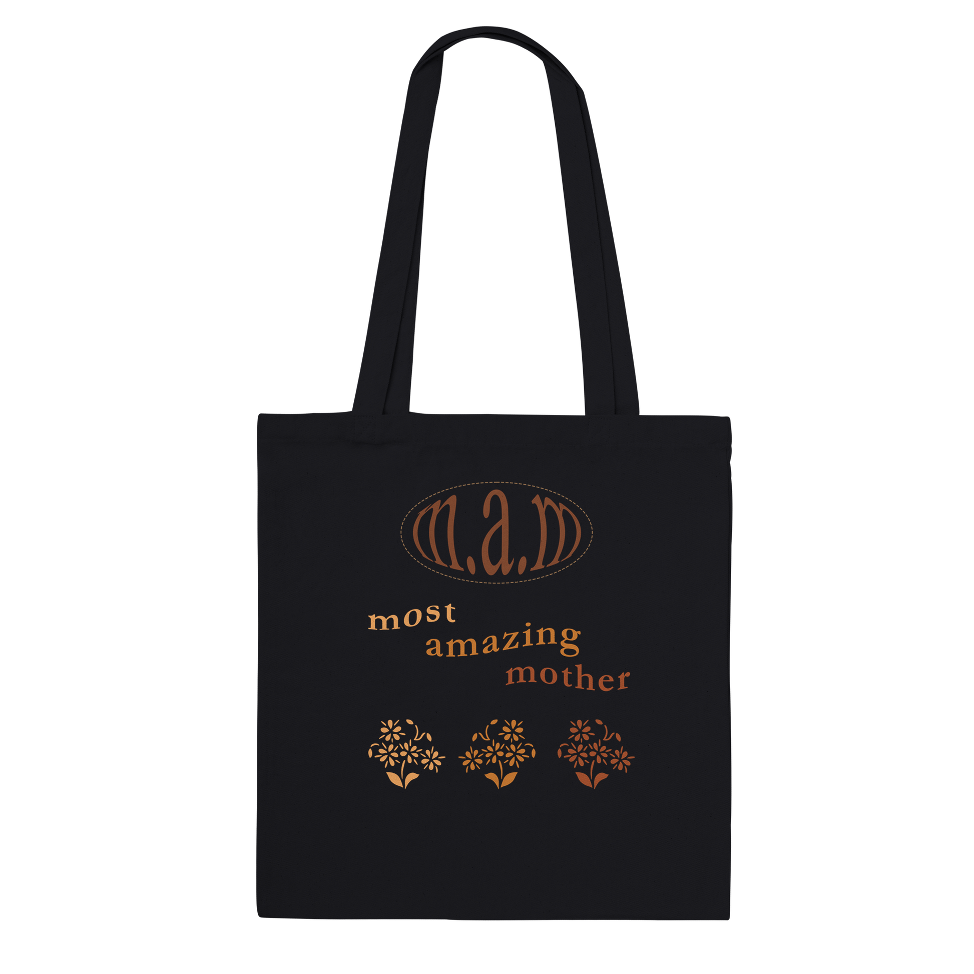 Tote bag that says most amazing mother with plants on it with brown colors, mother's day collection item to celebrate mom with gift for mom