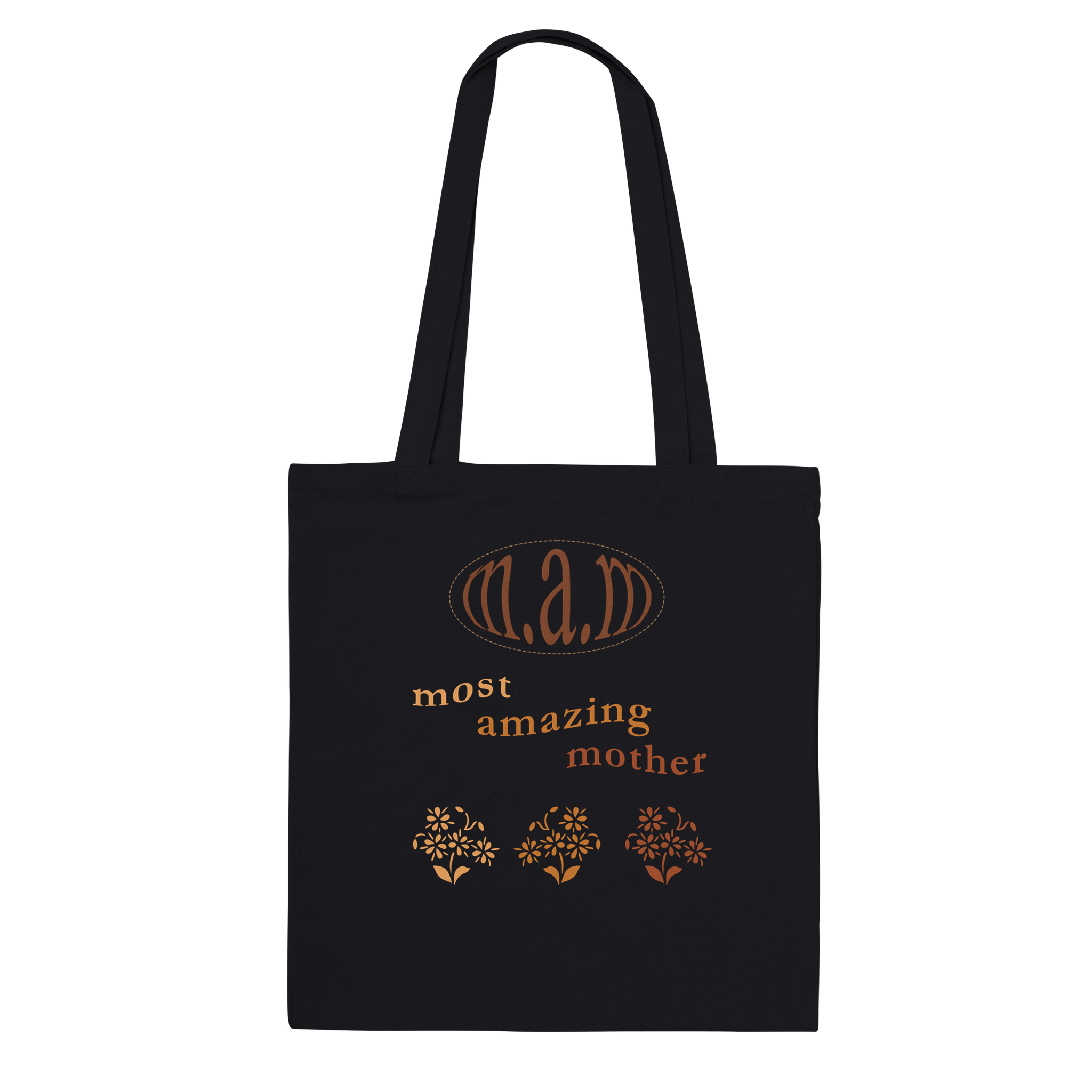 Tote bag that says most amazing mother with plants on it with brown colors, mother's day collection item to celebrate mom with gift for mom